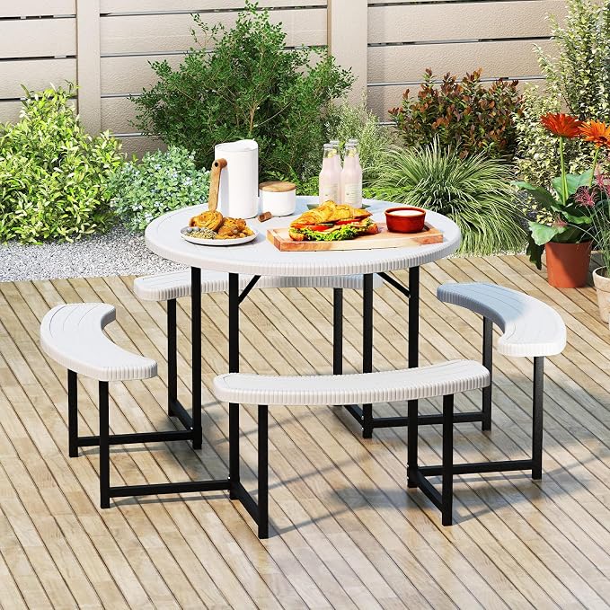 LDAILY Picnic Tables with Benches, Round Picnic Dining Table with 1520 lbs Capacity Metal Frame, HDPE Tabletop & Umbrella Hole, 8-Person Plastic Picnic Tables for Outdoors, Patio, Lawn, Yard (White)