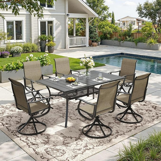 DIFY Outdoor Dining Set for 6, 7 Piece Patio Table and Chairs Set, Swivel Patio Chairs with Brown Textilene & 59.2" Black Rectangle Metal Dining Table with Umbrella Hole, for Garden Backyard Deck