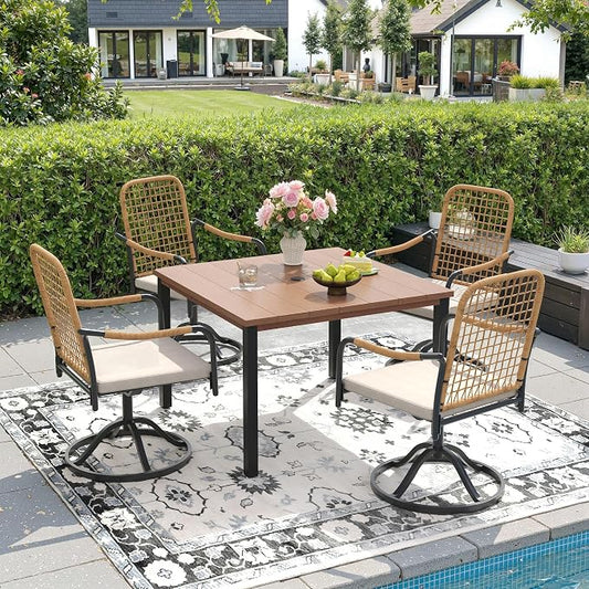 DIFY 5 Pieces Outdoor Dining Set, Metal Patio Table and Chairs Set for 4, 40.2" Square Dining Table with Umbrella Hole & Wicker Swivel Patio Chairs with Cushions, Walnut Tabletop