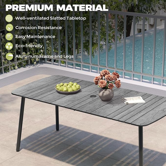 Crestlive Products Outdoor Dining Table for 6, 70" Aluminum Patio Table with Umbrella Hole Weather Resistant Rectangle Outside Tables for Patio Garden Lawn, Grey