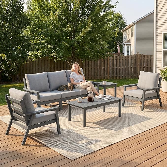LOUNZY HDPE Outdoor Furinture Set, 7 Piece Sectional Sofa Patio Furniture Set, All Weather Outdoor Couch Set Patio Furniture Set for Deck, Lawn, Grey