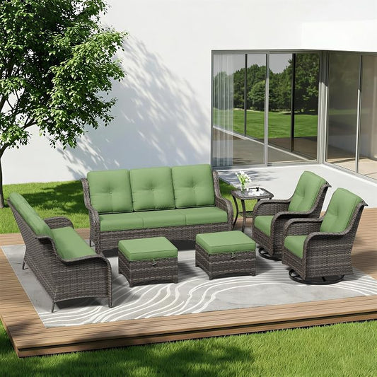7 Piece Outdoor Wicker Patio Furniture Set, Outdoor Swivel Rocker Patio Chairs Set with Thickened Olefin Cushions, High Back and Deep Seating, Hand-Woven PE Rattan for Porch, Deck