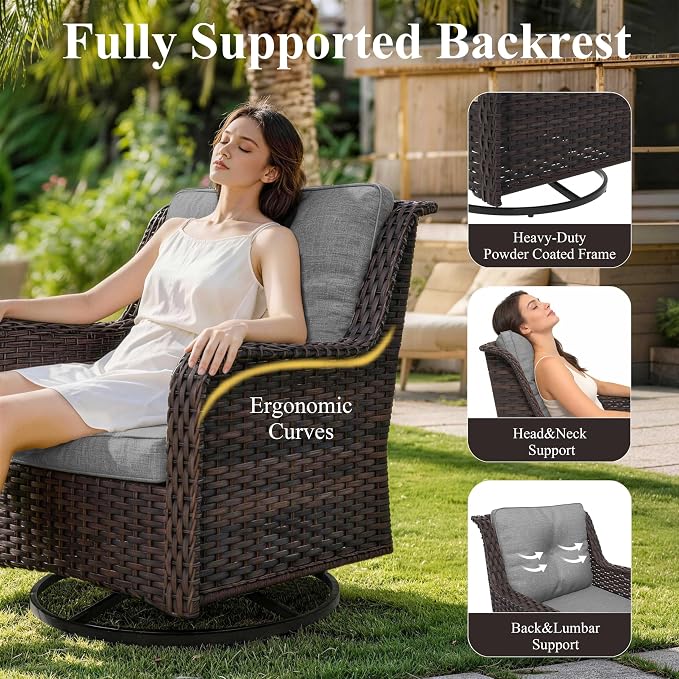 7-Piece Patio Furniture Set, Thick Wicker Outdoor Furniture Set with 2 Swivel Chairs, Outdoor Sectional Sofa Couch with Fire Pit Table, Patio Conversation Set for Backyard, Porch, Deck, Grey