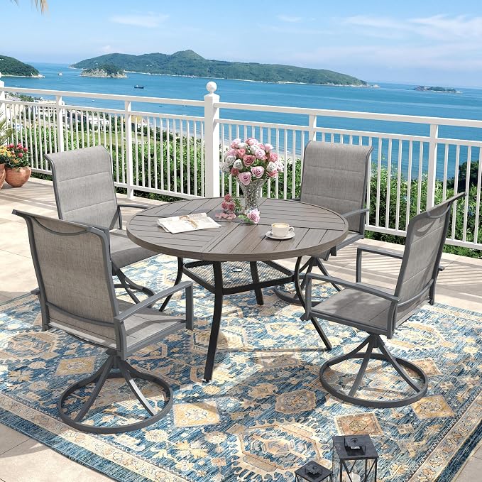 Outdoor Dining Set for 4, 40.7" Outdoor Dining Table with Umbrella Hole and Padded Textilene Patio Swivel Chairs, 5 Pieces Patio Table and Chairs Set for Garden Backyard, Grey