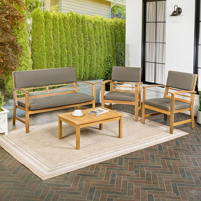JONATHAN Y Barclay Modern 4-Piece Acacia Wood Outdoor Patio Set, Conversation Seating Group with Removable Cushions and Coffee Table for Backyard, Porch, Garden, Poolside, Dark Gray LVG1000B-4SET