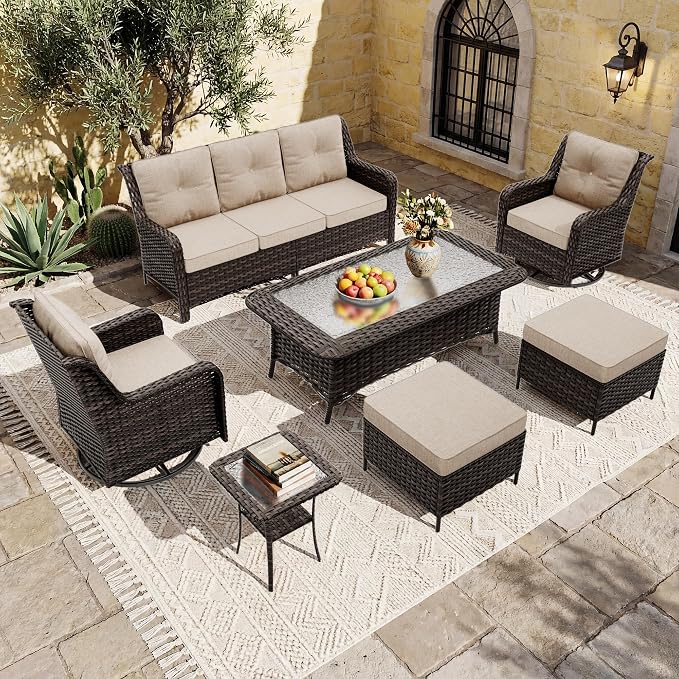 Outdoor Patio Furniture Set,7 Pieces 7 Seats Outdoor Sectional Furniture All Weather Thick PE Rattan Wicker Patio Conversation Set with Ottoman & Coffee Table,Swivel Rocking Chairs Set,Sand