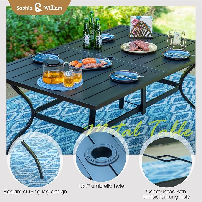 Sophia & William Patio Dining Set for 6 w/Swivel Textilene Chairs, Brown | 60"x 38" outdoor table and chairs, all-weather E-coating metal frame & mesh fabric. Suitable for deck, garden, poolside
