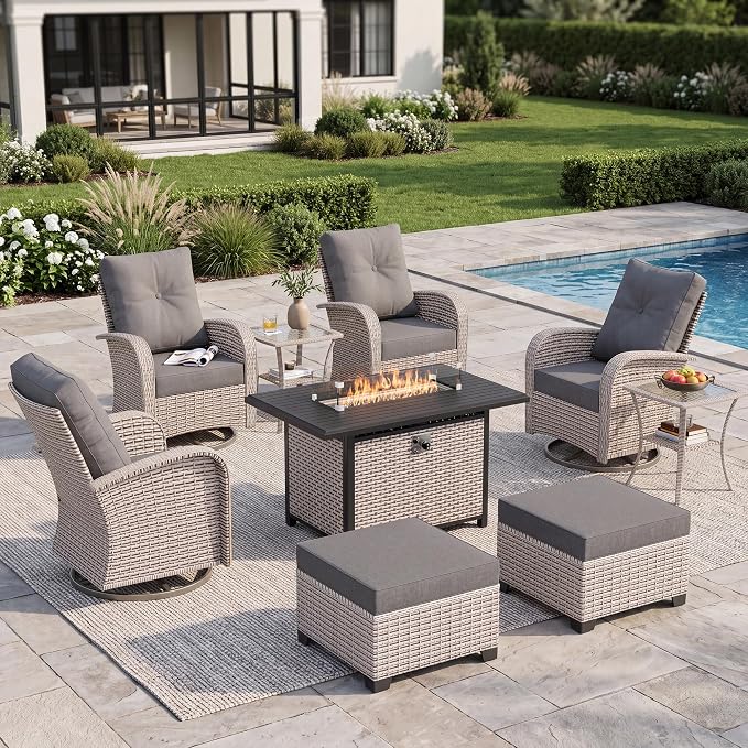 9-Piece Patio Furniture Set, Outdoor Swivel Rocking Chairs Set with 55,000 BTU Fire Pit Table,All Weather Conversation Set for Porch Poolside Balcony