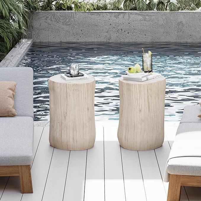 COSIEST 2 Pieses Outdoor Side Table, Hand-Painted Wood Stump Side Table Set of 2, Faux Wood Stool, Ottomans, Plant Stand, Deck or Garden (Antique Beige)