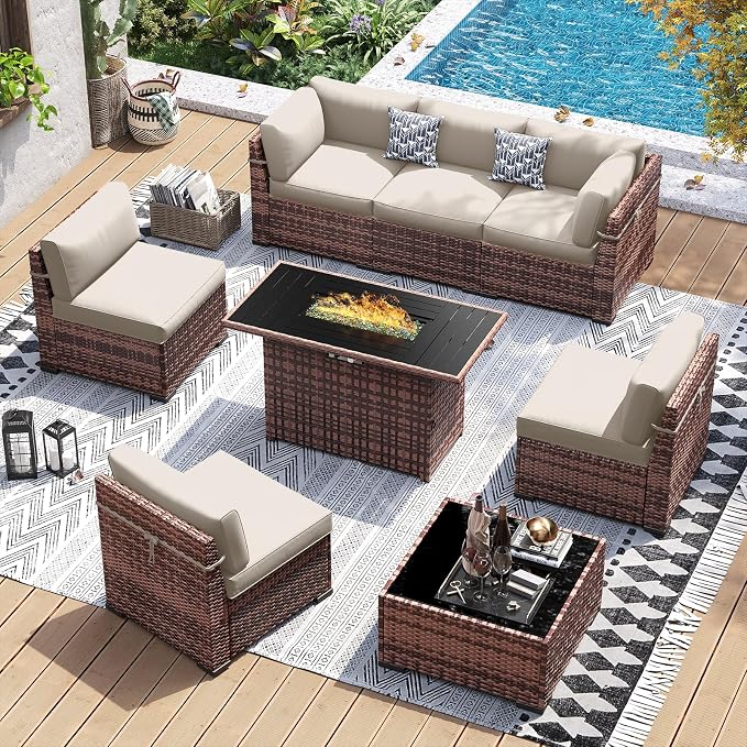 UDPATIO Patio Furniture Set with 44'' Fire Pit Table, 8 PCS Outdoor Sectional Furniture Sets, Slanted Back Outdoor Conversation Set PE Rattan Sofa for Porch W/Coffee Table,Khaki