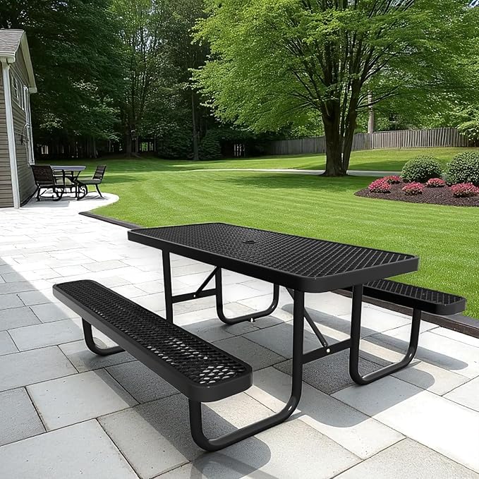 6 FT Metal Picnic Tables for Outside, Outdoor Coated Steel Heavy Duty Commercial Picnic Table with Benches, Patio Table Rectangular Furniture Set for Garden, Lawn, Shops, Parks