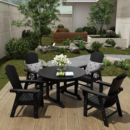 WestinTrends Dylan Adirondack Outdoor Dining Set for 4, All Weather Poly Lumber Patio Table and Chairs Set of 4, 47" Trestle Round Dining Table and Seashell Adirondack Dining Chair, Black
