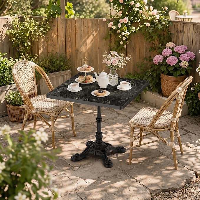 31.5" Outdoor Dining Table, Square Bistro Table w/Sintered Stone Tabletop | and Cast Iron Base, Weather Resistant Anti-Rust Small Patio Table for 2-4 for Outdoor Garden Café Use (Midnight Black)