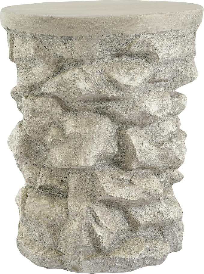 Round Outdoor Concrete Side Table, Cylinder Patio End Table, Faux Stacked Stone Accent Table with Wave for Indoor Outdoor, Garden Stool Coffee Table for Patio, Garden, Backyard - 16.42" Grey MgO