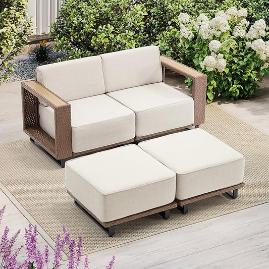 Bonzy Home 3 Piece Patio Furniture Set, Wicker Rattan Loveseat Sofa with 2 Ottoman and Extra-Thick Soft Cushions, Loveseat Couch Outdoor Patio Furniture with for Porch, Balcony