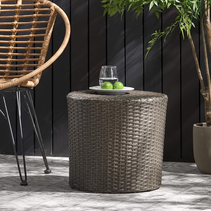 Rattan Side Table Round Small Coffee Table French Country Rustic Wicker Side Table End Table for Indoor Outdoor Patio Living Room Light Grey