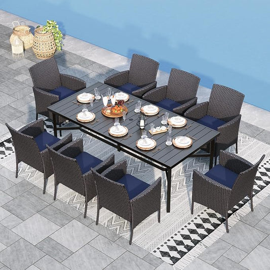 Sophia & William 9 Pieces Patio Dining Set for 8, Outdoor Patio Table and Rattan Chairs Set, 83" L Extra Large Rectangular Table, 1.8" Umbrella Hole, Navy Removable Seat Cushions