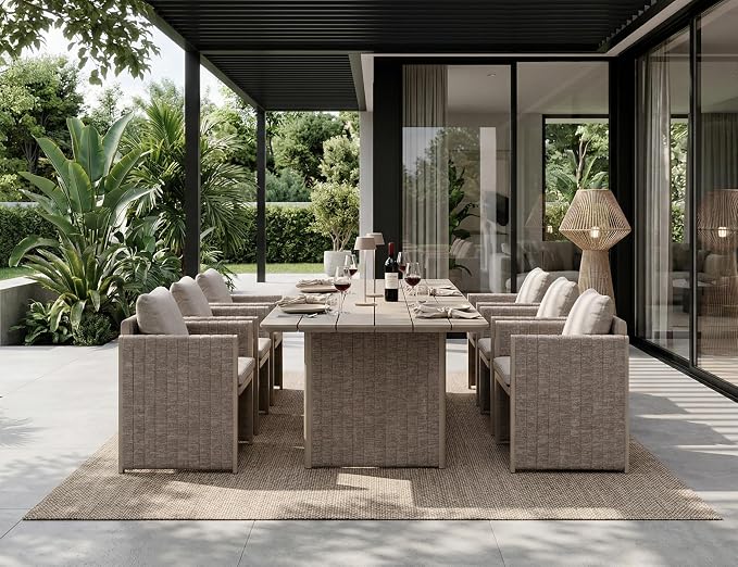 PURPLE LEAF 7 Pieces Patio Dining Furniture Set Modern Outdoor Furniture Set Aluminum Dining Table and Chairs with Olefin Cushions Pillows for Garden Backyard Kitchen Beige