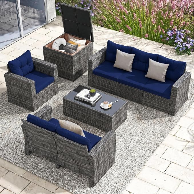 Super Patio 8 Pieces Outdoor Patio Furniture Set, Wicker Patio Conversation Sets with Storage Box, Rattan Outdoor Sectional Sofa Set with Cushions and Coffee Table for Outside Porch, Deck, Navy Blue