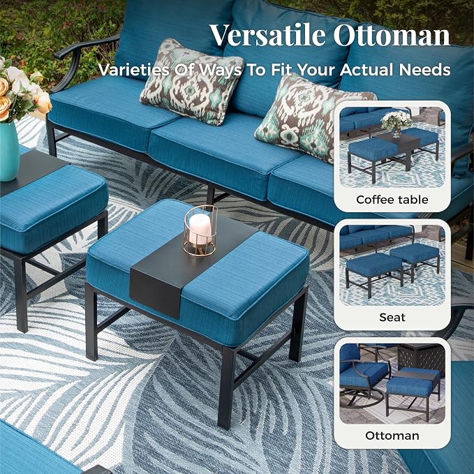 MIXPATIO Patio Furniture Set 6 pcs, Outdoor Patio Furniture, 3-Seat Sofa, 2 Swivel Chairs, 2 Ottomans, Coffee Table and 5.75" Extra Thick Cushion, Conversation Set for Backyard Deck, Gemstone Blue
