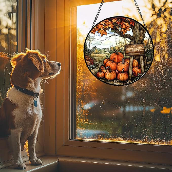DASTOLL Stained Glass Window Hanging Fall Farm Scenery Maple Trees Pumpkin 9.8" - Suncatcher Door Garden Kitchen Sun Catcher Autumn Decor Birthday for Mom Nana Men Woman Friend
