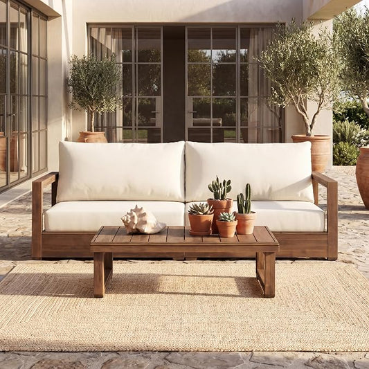 Christopher Knight Home 2-Piece Patio Furniture Set, 3-Seater Outdoor Sofa with Coffee Table, Acacia Wood Patio Couch Set with Cushions, Deep Seat Outdoor Patio Furniture for Porch Deck Garden, Brown