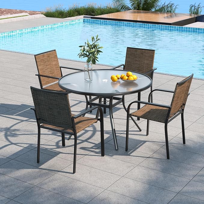 Outdoor 40" Round Glass Table and Brown Stackable Chairs Patio Dining Set 5 | 4 Piece Stackable Chairs Textilene Seat and Back, Table and Chair with Metal Frame, Round Glass Table Top, 1.7" Umbrella Hole