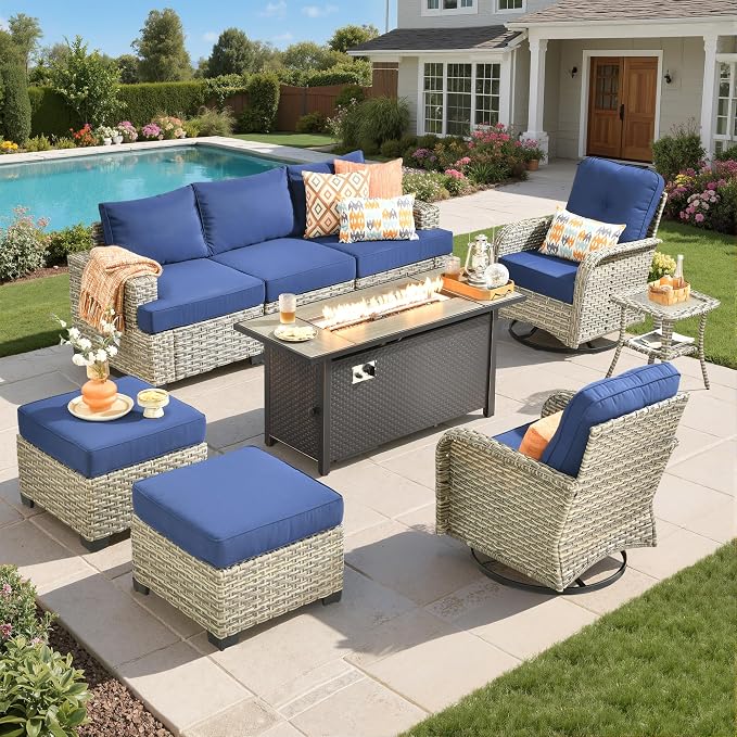 Wicker Patio Furniture Set with Fire Pit Table,9 Pieces Outdoor Sectional with Swivel Chairs Ottoman,Out Door Furniture Conversation Set,Navy Blue