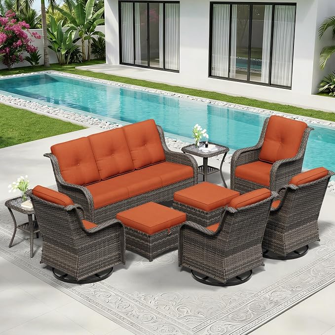 9 Piece Outdoor Wicker Patio Furniture Set, Outdoor Swivel Rocker Patio Chairs Set with Thickened Olefin Cushions, High Back and Deep Seating, Hand-Woven PE Rattan for Porch, Deck