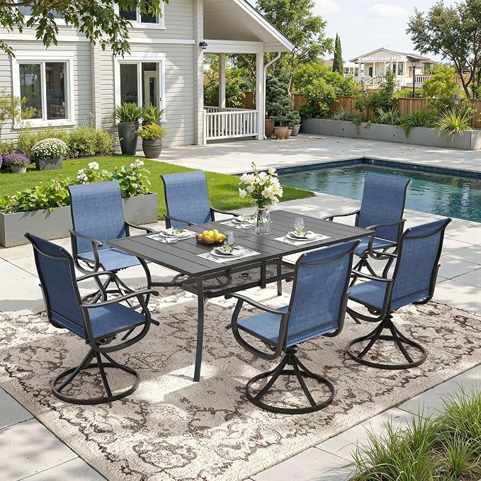 DIFY Outdoor Dining Set for 6, 7 Piece Patio Table and Chairs Set, Swivel Patio Chairs with Blue Textilene & 59.2" Black Rectangle Metal Dining Table with Umbrella Hole, for Garden Backyard Deck