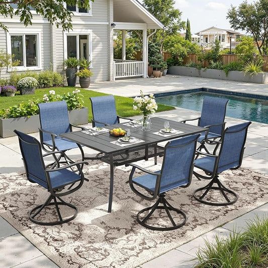 DIFY Outdoor Dining Set for 6, 7 Piece Patio Table and Chairs Set, Swivel Patio Chairs with Blue Textilene & 59.2" Black Rectangle Metal Dining Table with Umbrella Hole, for Garden Backyard Deck