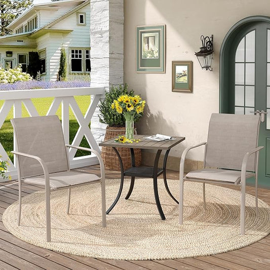 DIFY 3 Pieces Outdoor Patio Dining Set for 2, 2 Sandshell Stackable Dining Chairs and 27.6" Grey Wood-Like Metal Square Dining Table, Outdoor Table and Chairs for Lawn Garden Deck