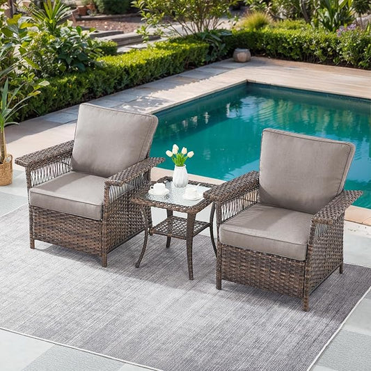 Patio Furniture Set 2 Wicker Patio Chairs with PE Rattan Side Table Set Brown Wicker Grey Cushions Patio Conversation Set 3pcs for Garden Balcony Sunroom Backyard Deck Porch