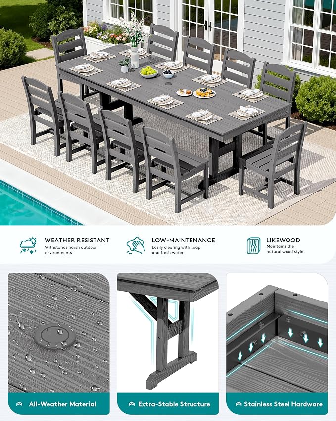 SERWALL 10 Piece Outdoor Dining Set with 15ft Triple-Head Foldable Umbrella(Based not Included), 84" HDPE Outdoor Table and Armless Chairs Set for 8, Gray