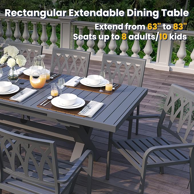 Extendable Patio Dining Table for 6-8: 63''-83'' Rectangle Aluminum Table, Umbrella Hole, Slatted Tabletop, Metal Sturdy X-Trestle Base for Outdoor Meals Garden Deck Yard Gathering Party - Gray