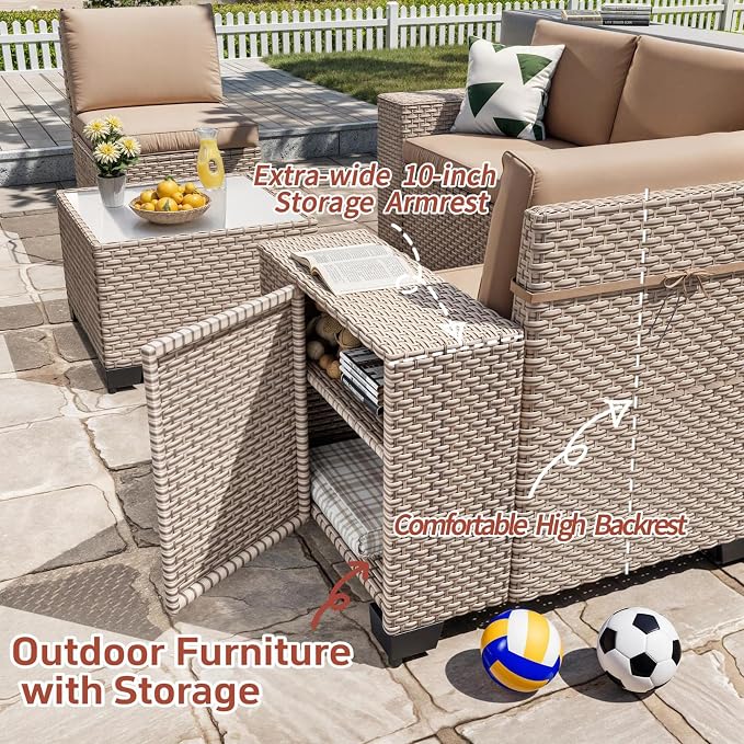 10 Pieces Patio Furniture Set with Fire Pit Table, Outdoor Sectional Wicker Sofa with Thick Cushions, High Back Swivel Rocker Patio Chairs, Rattan Conversation Set with Coffee Table, Khaki