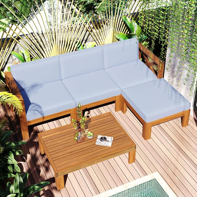 VilroCaz Acacia Wood 5-Piece Patio Sectional Sofa Set, All-Weather Outdoor Conversation Set, Corner Design Patio Set with Coffee Table and Updated Cushions for Backyard Porch Courtyard Poolside