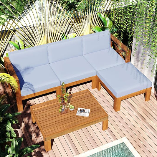 VilroCaz Acacia Wood 5-Piece Patio Sectional Sofa Set, All-Weather Outdoor Conversation Set, Corner Design Patio Set with Coffee Table and Updated Cushions for Backyard Porch Courtyard Poolside