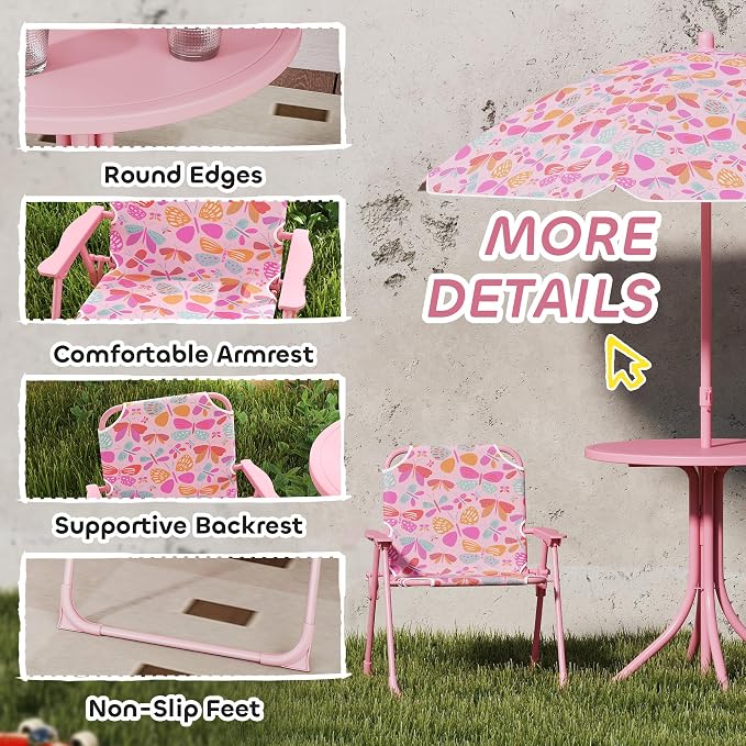 Qaba Kids Picnic Table and Chair Set, Outdoor Activity Table with Foldable Chairs, Removable Umbrella, Butterfly Pattern Toddler Patio Furniture for Backyard, Garden, Pink
