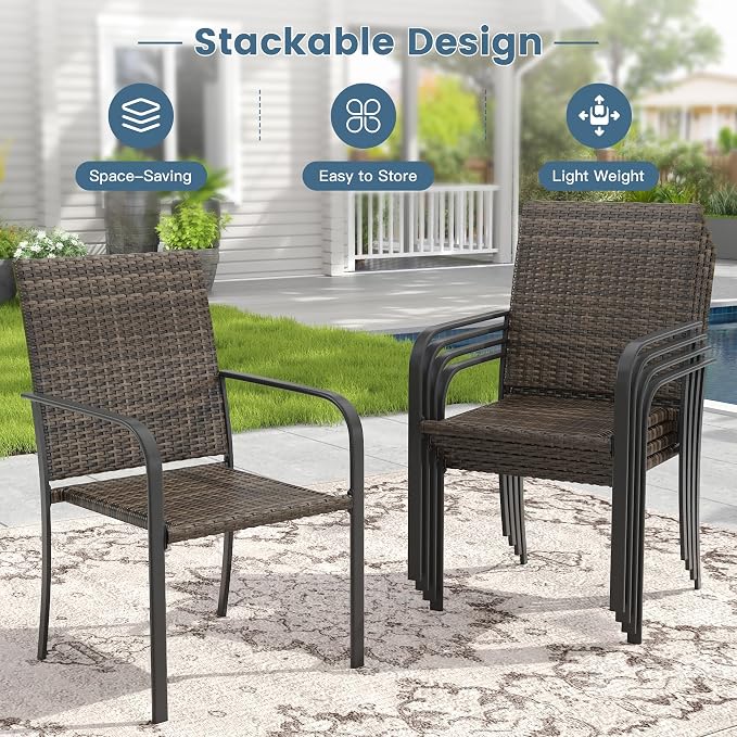 DIFY 5 Piece Outdoor Dining Set for 4, 40.6" Walnut Round Metal Dining Table with Umbrella Hole and Stackable Wicker Patio Chairs, All-Weather Patio Table and Chairs Set for Deck Garden Backyard