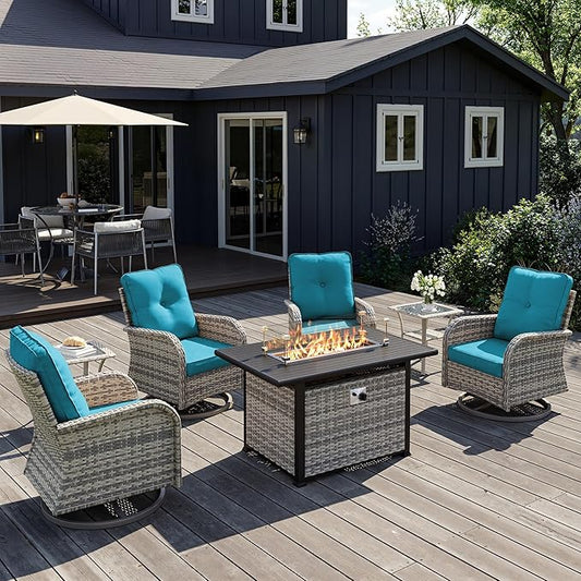 7Pcs Patio Rocking Swivel Chair with 55,000 BTU Fire Pit Table Outdoor Wicker Rattan Bistro Set with Tempered Glass Side Table, Outdoor Patio Furniture Set for Garden and Balcony, Turquoise