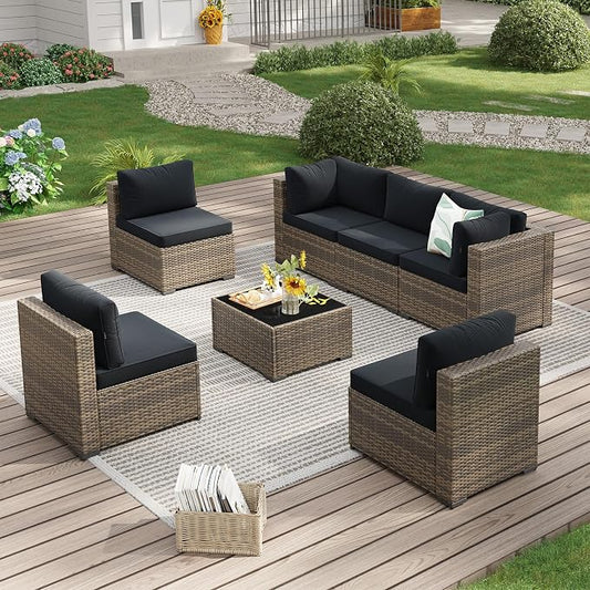 LazySunsets 7-Piece Patio Furniture Set, Wicker Rattan Outdoor Furniture with Thick Cushions, Patio Conversation Sets with Coffee Table, Outdoor Sectional Couch Sofa, Yellow Black