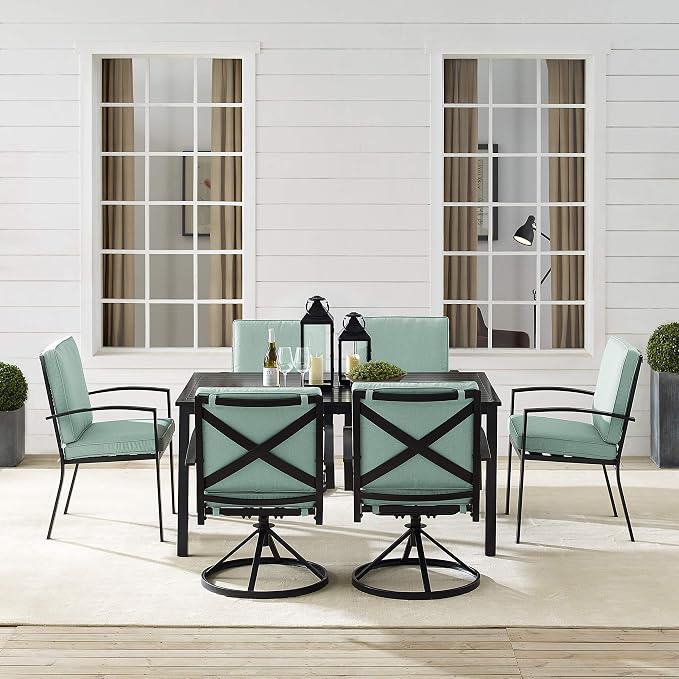Crosley Furniture Kaplan 7-Piece Outdoor Dining Set for 6, Patio Table and Chairs for Backyard, Deck, Oiled Bronze with Mist Cushions