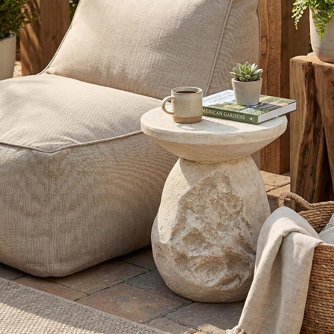 Merax Outdoor Patio Side Table, 19" Height Rugged Coral-Texture Round Patio Accent Table, Bohe & Coastal Style, MGO End Table for Balcony Poolside, Fully Assembled, Beige Finish