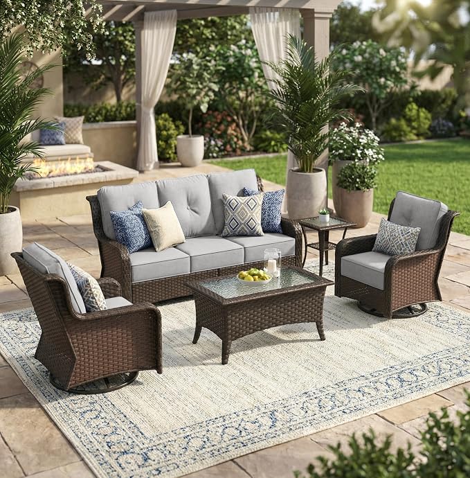 Sundale Outdoor 5 Piece Wicker Patio Furniture Set, High Back Outdoor Couch with Swivel Chairs & Coffee Table, 6" Thick Cushion Patio Conversation Sets with Deep Seating for Yard, Deck (Grey)
