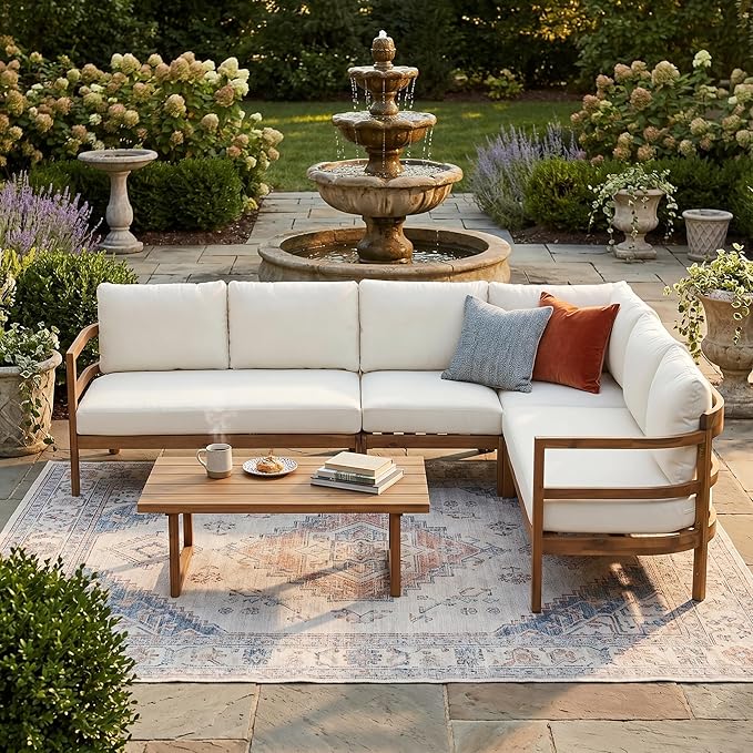 Christopher Knight Home Outdoor Acacia Wood 5 Seater Sectional Sofa Set with Thick Cushions Patio Conversation Set Modular Outdoor Seating with Coffee Table for Patio Deck Balcony Garden