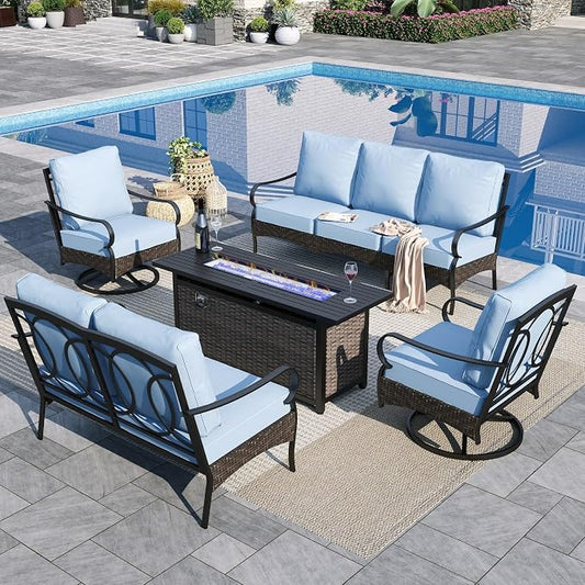 Sophia & William Patio Furniture Set with Fire Pit Table, 4PCS Metal Outdoor Conversation Set with Fire Pit Table, 2 Swivel Chairs,1 Loveseat,3-Seater Couch for Outdoor Seating,Backyard,Porch(Blue)