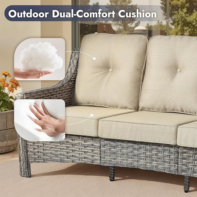 6 PCS Patio Furniture Set, Deep Seat High Back Outdoor Conversation Set with Ottomans, Wicker Outside Furniture with Solar Light Coffee Table for Porch Backyard Balcony, Sunroom, Beige