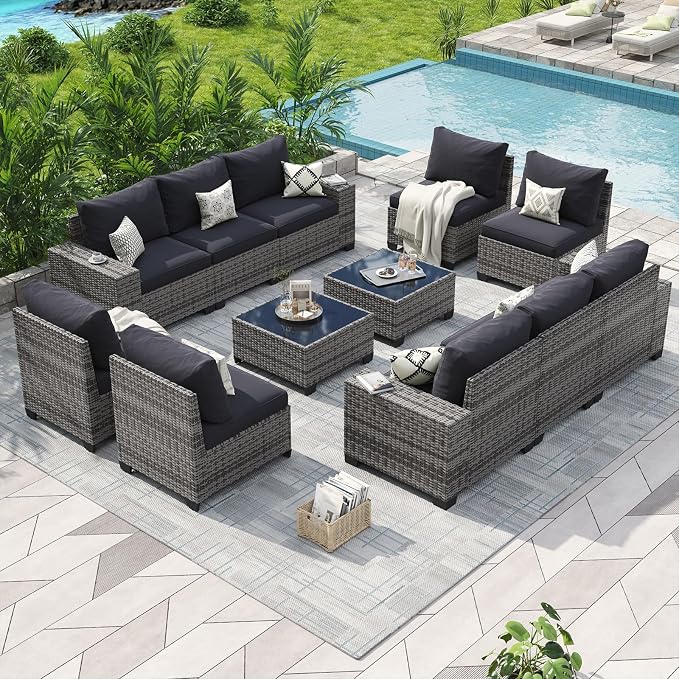 Aoxun Patio Furniture Set, 12 Pcs Outdoor Patio Furniture Sets with 4 in Thicken Cushion and Coffee Table, Widen Armrests Wicker Outdoor Sectional for Backyard and Garden, Black