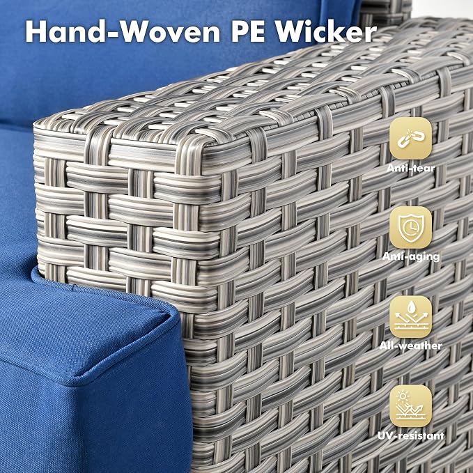 Weaxty 9 Pieces Wide Seats Outdoor Furniture Set, Sectional Couch Swivel Rocking Chair Ottoman Fire Pit Table, Thick Cushion All-Weather Rattan Patio Conversation Sets for Backyard Deck, Navy Blue